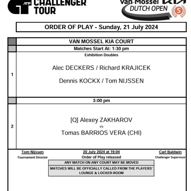 Finale dag! 
Om op te warmen (en de banen droger te spelen :-( ) beginnen we met een demonstratie wedstrijd tussen
Alec Deckers en Richard Krajicek
tegen
Dennis Kockx en Tom Nijssen

Gevolgd door een spannende finale: 
Alexey Zakharov (qualifier!)
tegen
Tomas Barrios Vera
op ons mooie @vanmossel KIA centrecourt.

Er zijn nog enkele reguliere tickets te koop!!!
https://vanmosselkiadutchopen.nl/tickets/